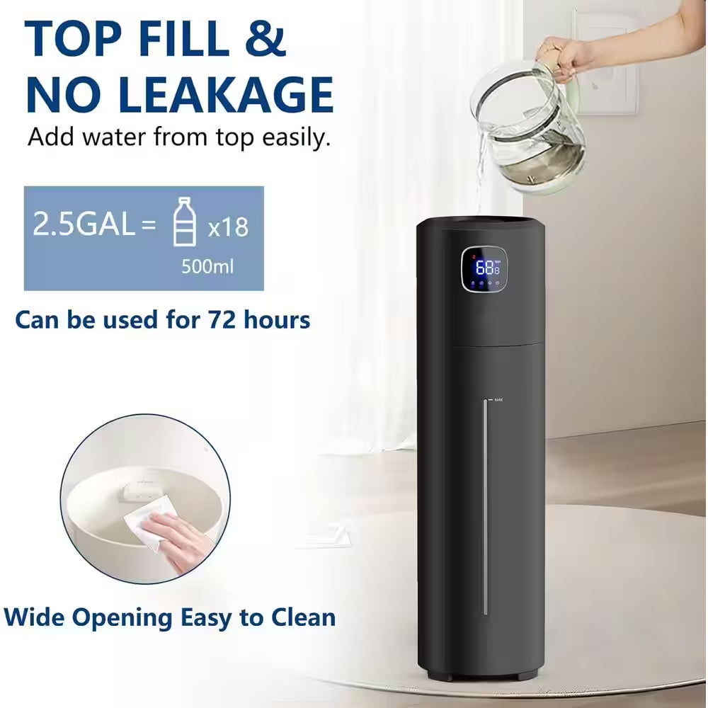 2.5 Gallon Ultrasonic Cool Mist Humidifier-Large Room Tower Air Humidifier, Quiet Operation and Adjustable Mist (Black)