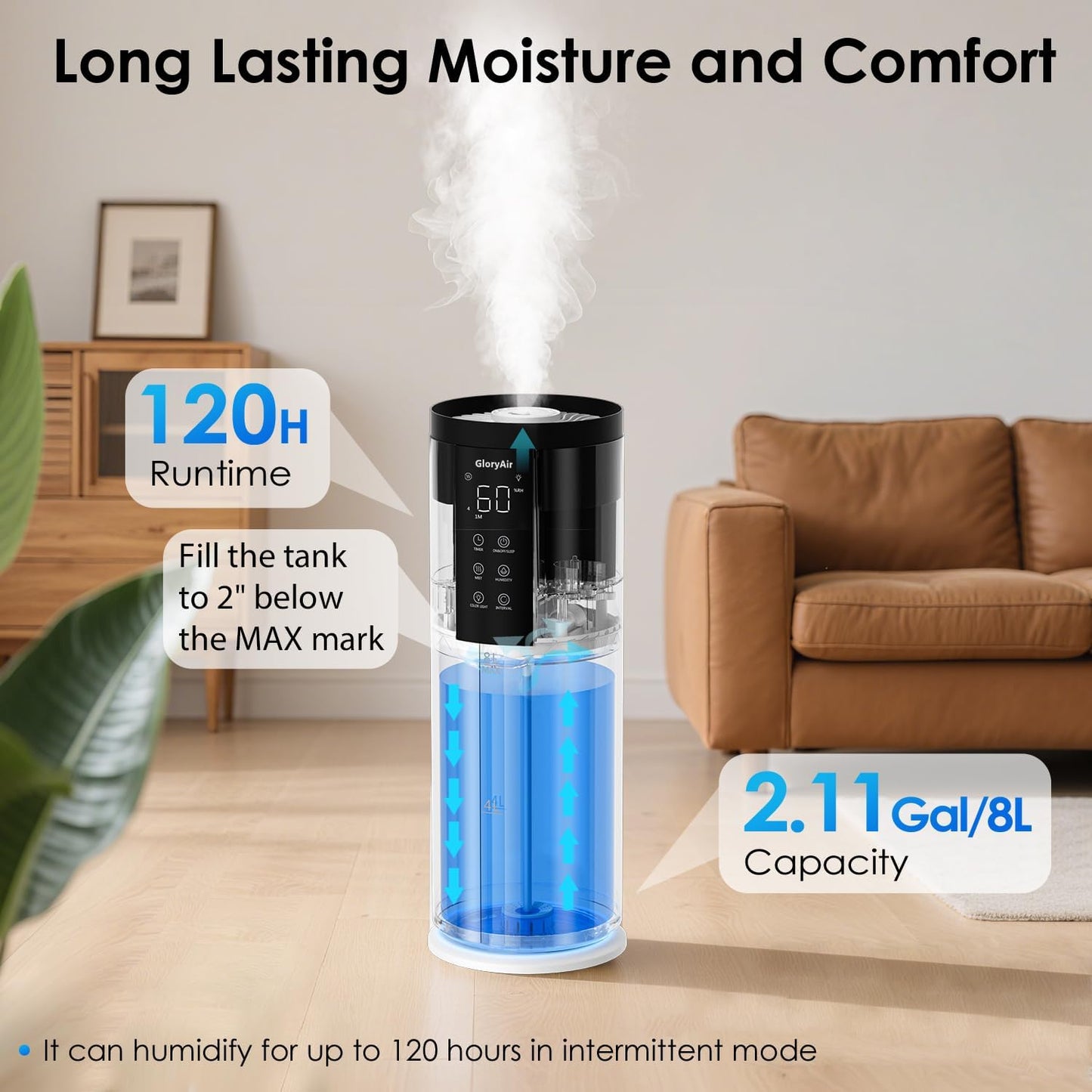 Humidifiers for Large Room 550 Ft² -  8L Cool Mist Humidifier for Bedroom Home Plants Baby, Top Fill, 120H Runtime, 4 Mist Spray Levels, 7-Color Light, 35Db Quiet Humidifier