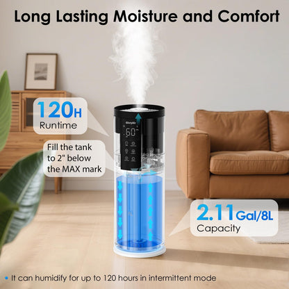 Humidifiers for Large Room 550 Ft² -  8L Cool Mist Humidifier for Bedroom Home Plants Baby, Top Fill, 120H Runtime, 4 Mist Spray Levels, 7-Color Light, 35Db Quiet Humidifier