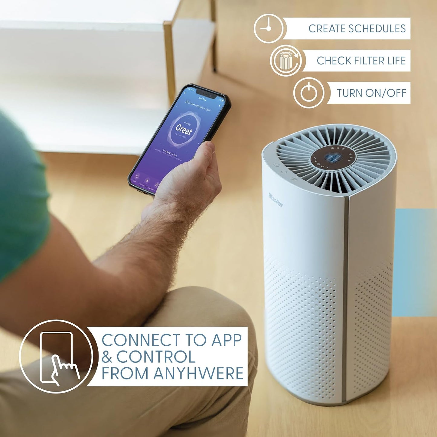 Air Purifiers for Home Bedroom Large Room up to 1500 Ft² - Smart Wifi & Voice Control True HEPA Air Purifier for Home Smoke, Dust, Pet Dander, Pollen, Sleep Mode Air Quality Light - Kery Plu