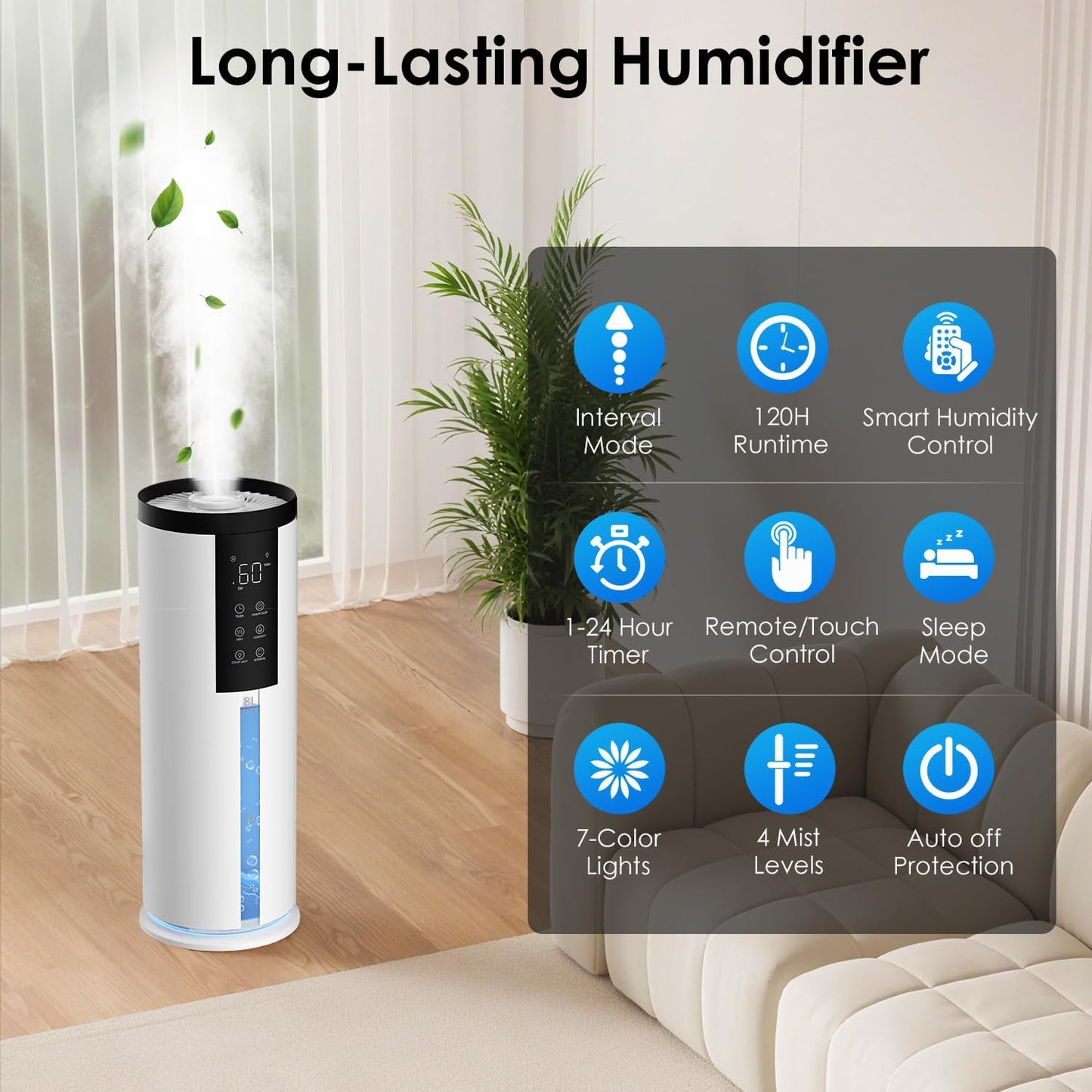 Humidifiers for Large Room 550 Ft² -  8L Cool Mist Humidifier for Bedroom Home Plants Baby, Top Fill, 120H Runtime, 4 Mist Spray Levels, 7-Color Light, 35Db Quiet Humidifier