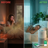 The Air Purifier 3-In-1, Ultra-Quiet, Medical Grade, True HEPA Filter, AHAM Verifide, up to 975 Sq Ft, in White — Before & After