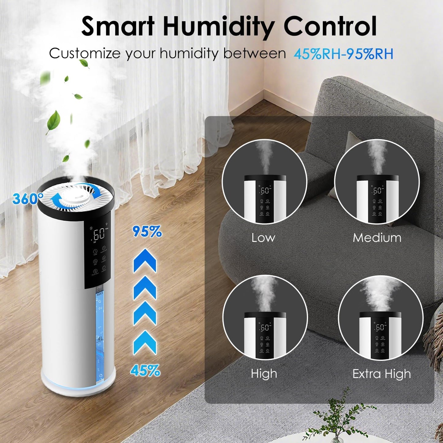 Humidifiers for Large Room 550 Ft² -  8L Cool Mist Humidifier for Bedroom Home Plants Baby, Top Fill, 120H Runtime, 4 Mist Spray Levels, 7-Color Light, 35Db Quiet Humidifier